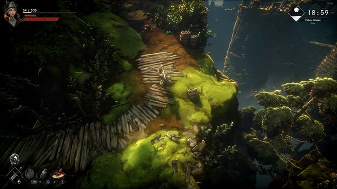 A No Rest for the Wicked screenshot showing our hero making her way along a plank pathway in a sunlit forest.
