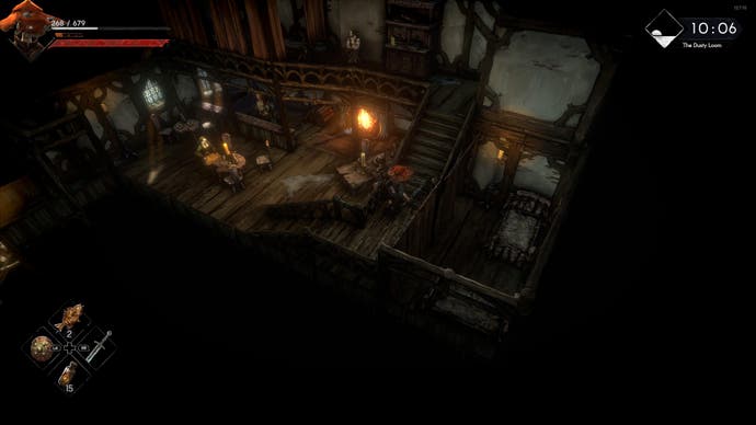 A No Rest for the Wicked screenshot showing our hero taking time to rest at a cosy-looking inn.
