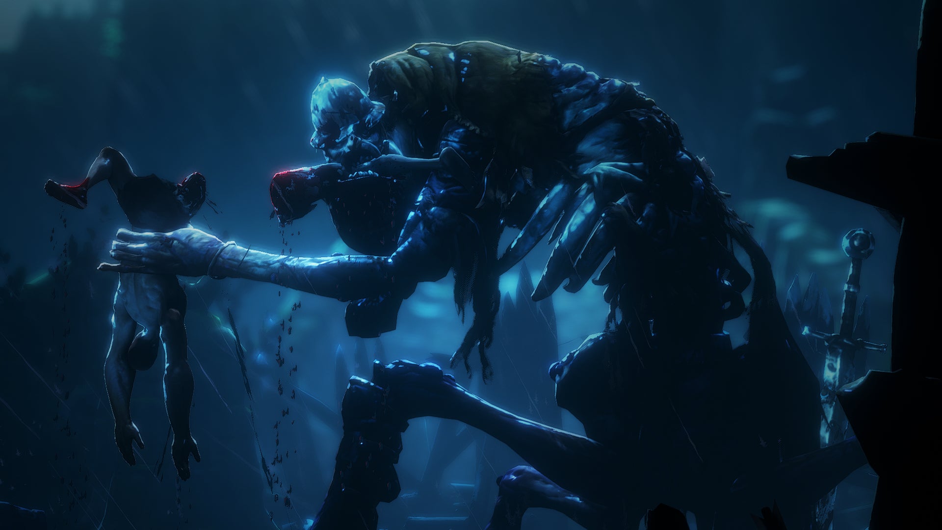 A multi-armed beast of ill-intent in No Rest for the Wicked holds a corpse, looking like it's about to eat it. - 1