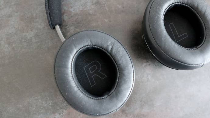Noble Fokus Apollo headphones laid flat with inside of earcups closeup