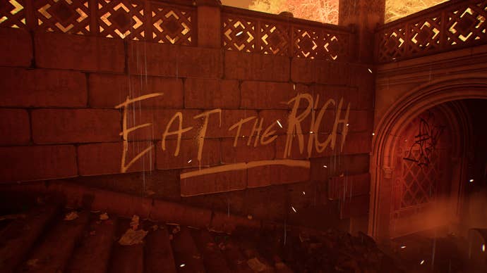 A Nobody Wants to Die screenshot showing graffiti that reads “Eat the rich.”