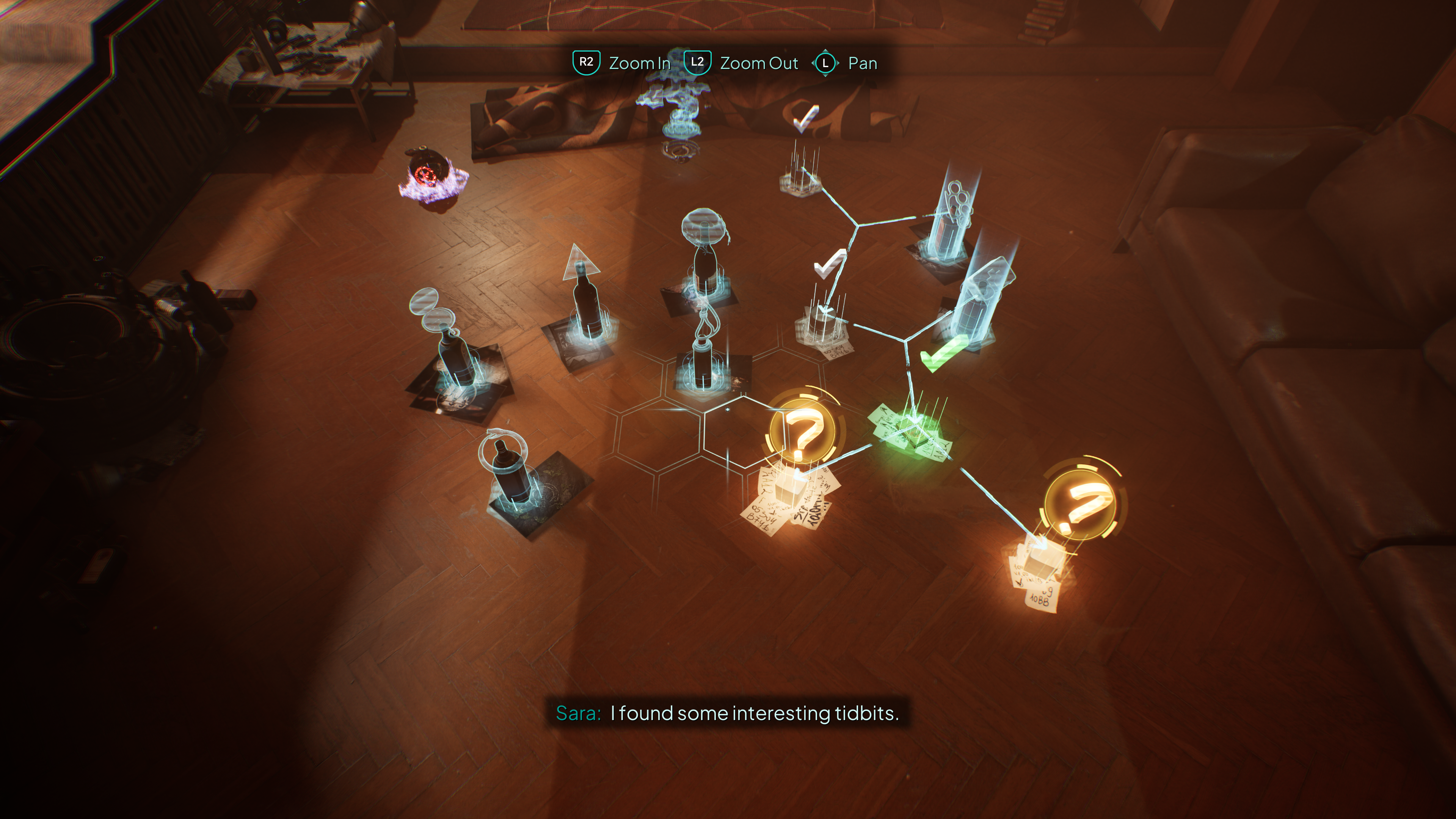 A Nobody Wants to Die screenshot showing the evidence board projected on Karra’s apartment floor. The subtitle reads “Sara: I found some interesting tidbits.”