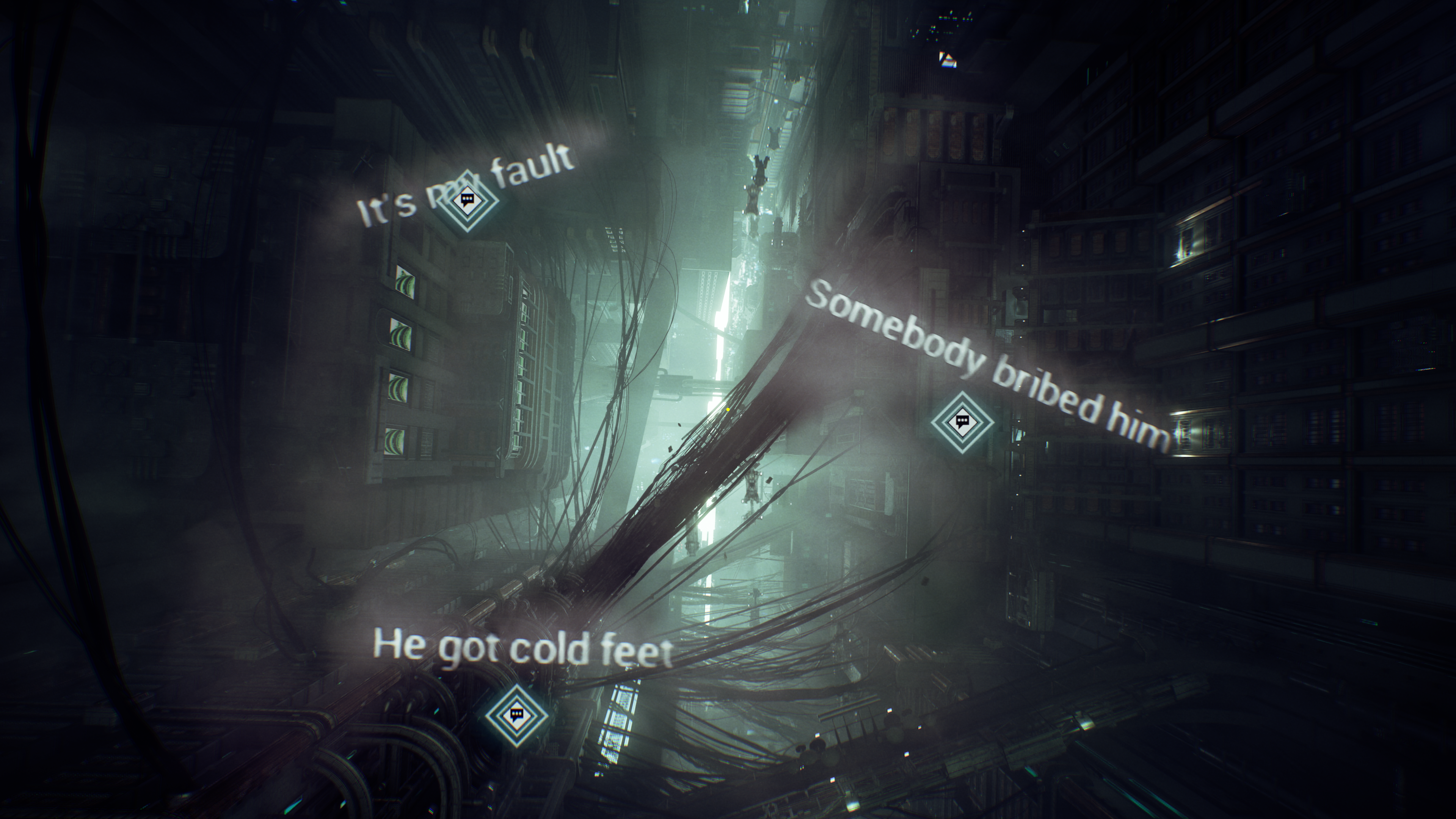 A Nobody Wants to Die screenshot showing a view looking upwards between skyscrapers. There are three lines of floating text reading “It’s my fault,” “Somebody bribed him” and “He got cold feet.”
