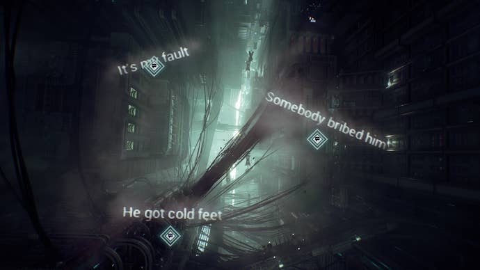A Nobody Wants to Die screenshot showing a view looking upwards between skyscrapers. There are three lines of floating text reading “It’s my fault,” “Somebody bribed him” and “He got cold feet.”