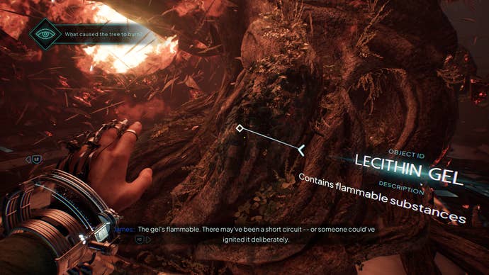 A Nobody Wants to Die screenshot showing a burning tree being reconstructed with a time manipulation device. The subtitles read “James: The gel’s flammable. There may’ve been a short circuit – or someone could’ve ignited it deliberately.”