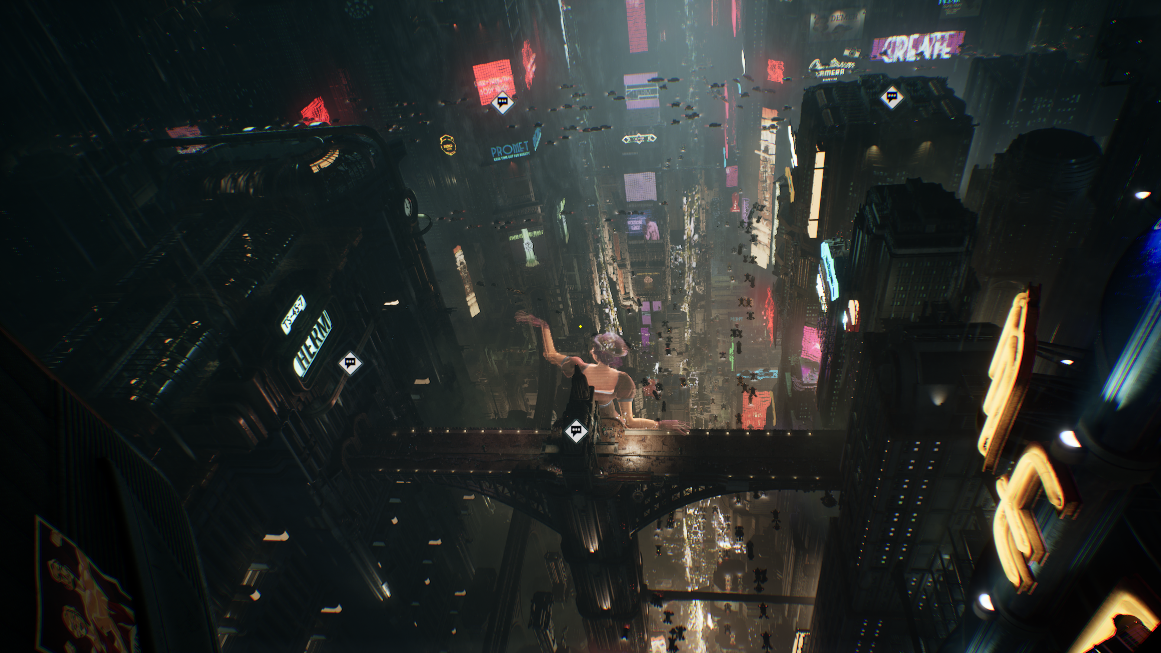 A Nobody Wants to Die screenshot showing an aerial view of a sci-fi cityscape, in this case New York in 2329.