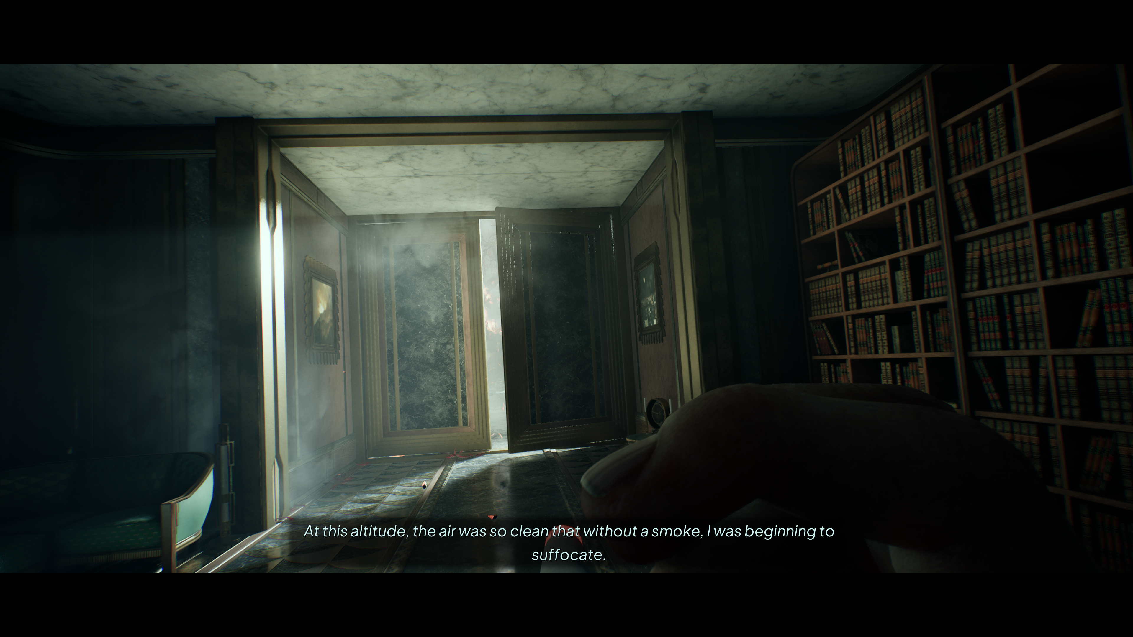 A Nobody Wants to Die screenshot showing the entrance room of a richly-appointed apartment. The subtitle reads “At this altitude, the air was so clean that without a smoke, I was beginning to suffocate.”