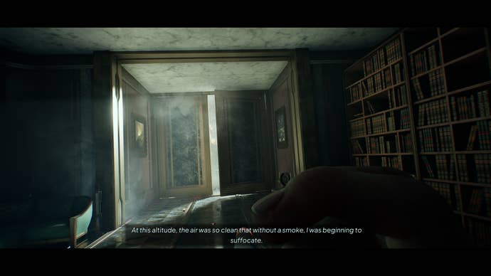 A Nobody Wants to Die screenshot showing the entrance room of a richly-appointed apartment. The subtitle reads “At this altitude, the air was so clean that without a smoke, I was beginning to suffocate.”