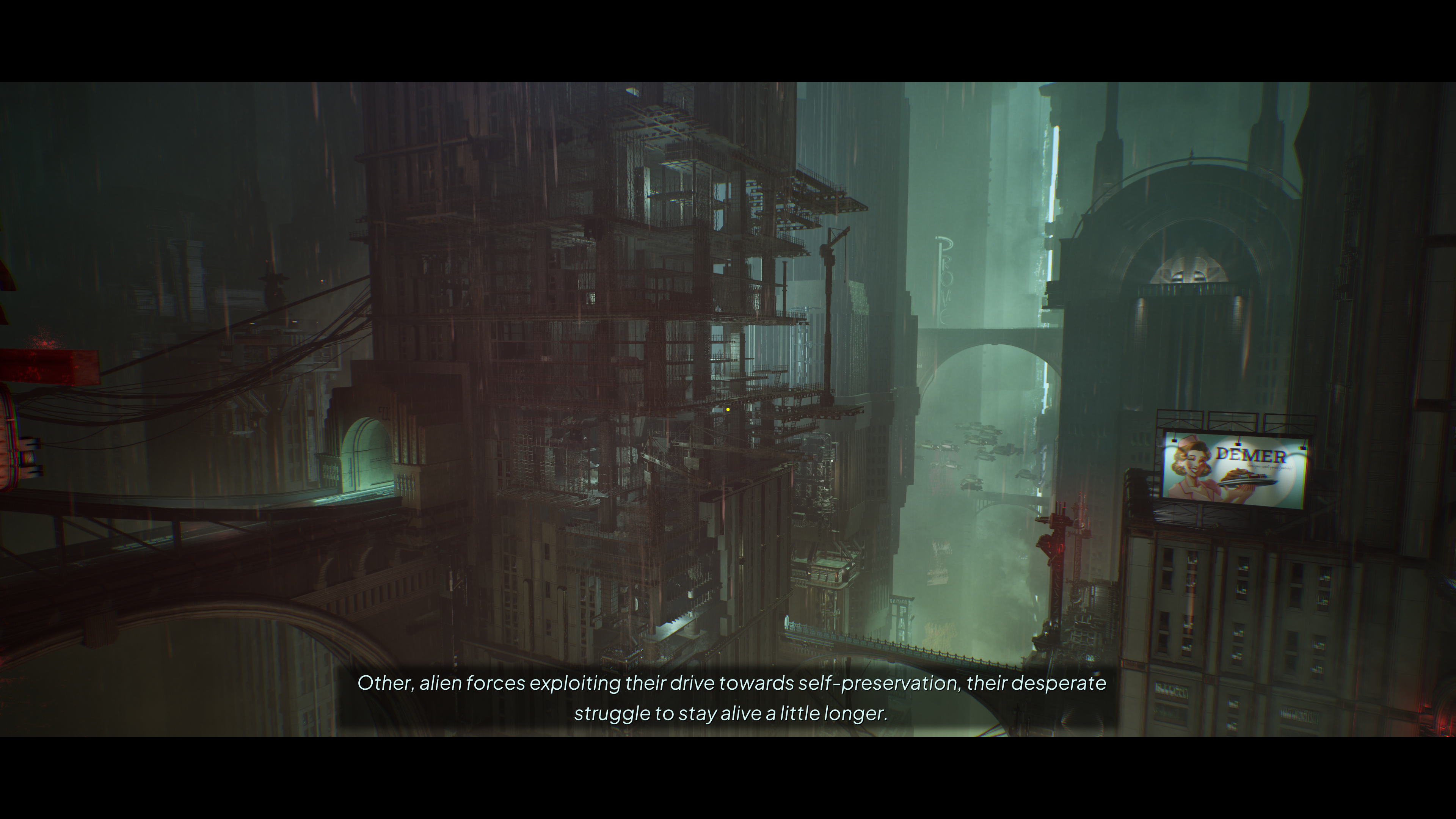 A Nobody Wants to Die screenshot showing another view of future New York. The subtitle reads “Other, alien forces exploiting their drive towards self-preservation, their desperate struggle to stay alive a little longer.”