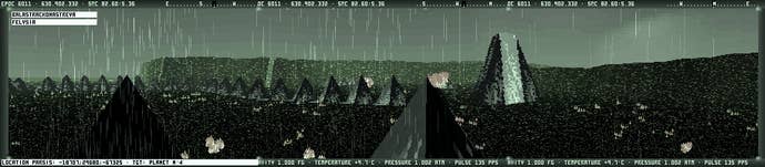 A panoramic screenshot of a grey-green planet’s harshly angled surface in space exploration game Noctis.