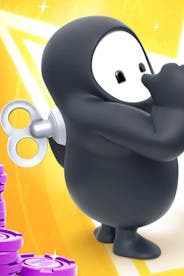 black suit fall guy pointing to its back which has a wind up item on it