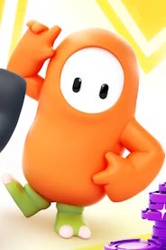 orange suit fall guy posing with the green birdy feet cosmetic