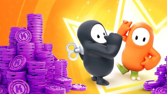 black suit fall guy pointing to its back which has a wind up item on it and orange suit fall guy posing with the green birdy feet cosmetic beside his, with purple piles off kudos currency to the left