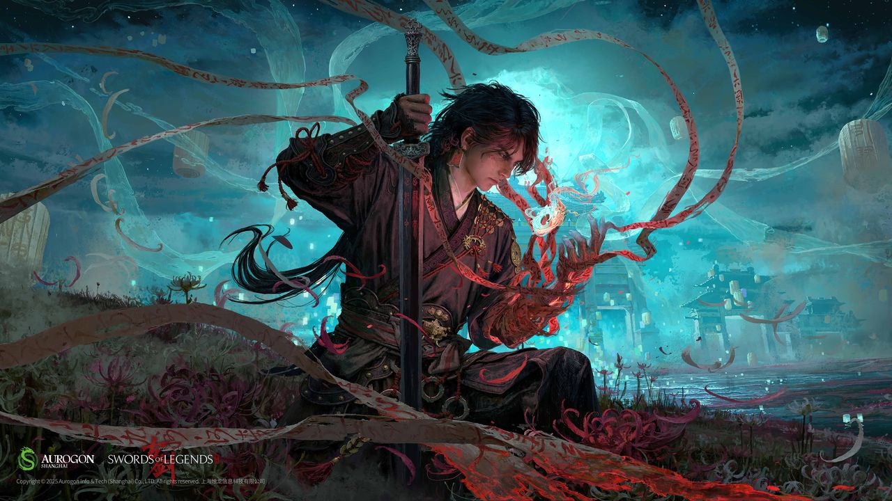 Swords of Legends key art, featuring a protagonist holding a sword and peering into an amulet in his hands.