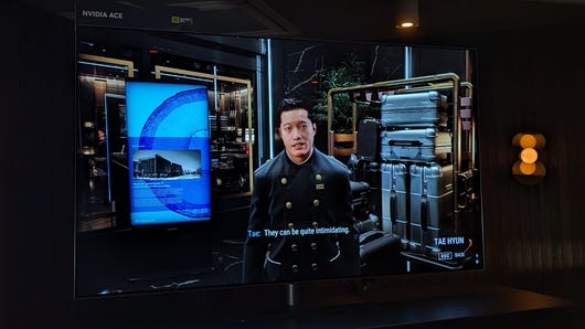 An Nvidia ACE demo, showing an AI NPC bellboy responding to the player's question.