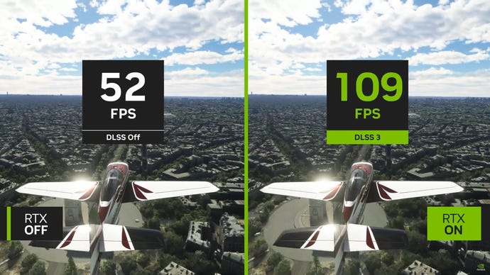 A comparison image showing Microsoft Flight Simulator at native res vs. with Nvidia DLSS 3.