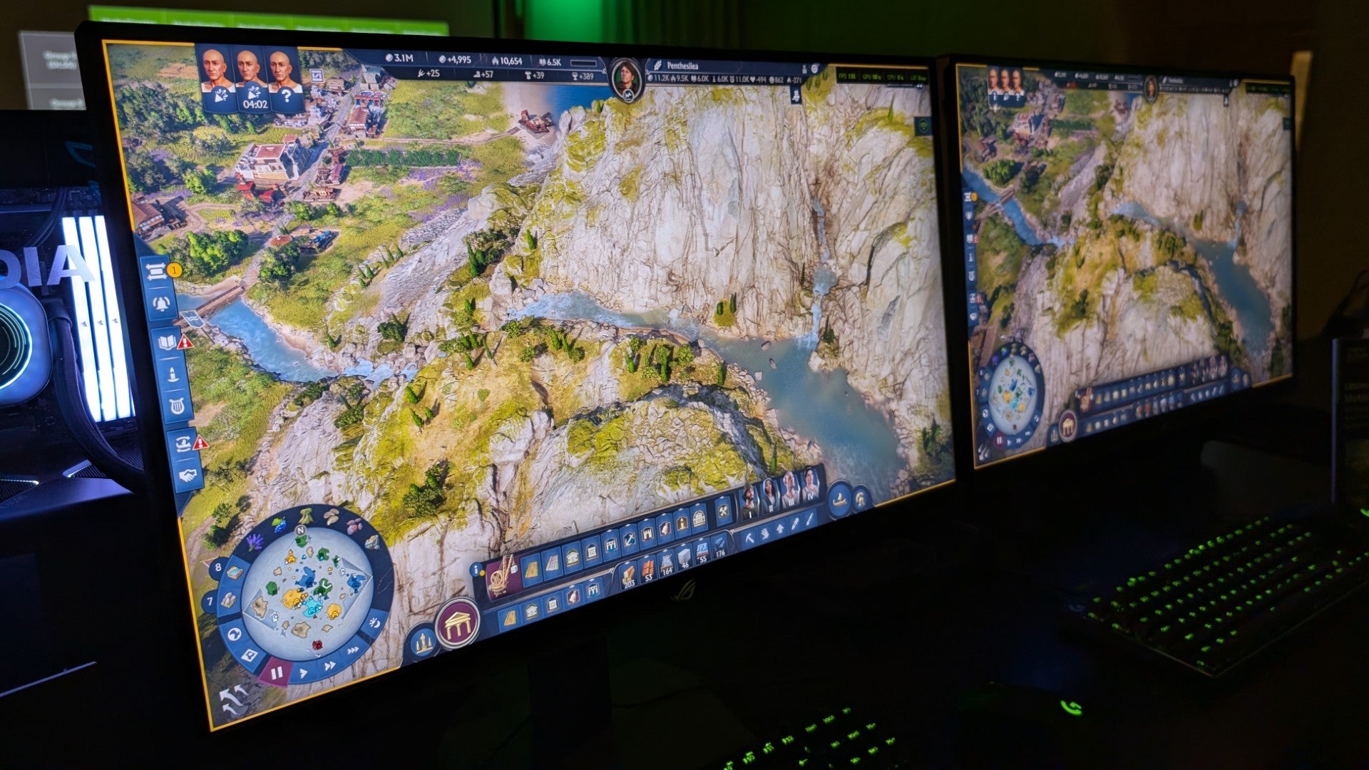 Anno 117: Pax Romana running on a monitor with Nvidia G-Sync Pulsar disabled, next to an identical monitor with Pulsar enabled.