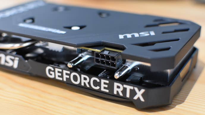 A closeup of the 8-pin powerfulness connector connected an MSI GeForce RTX 4060 Ventus 2X.
