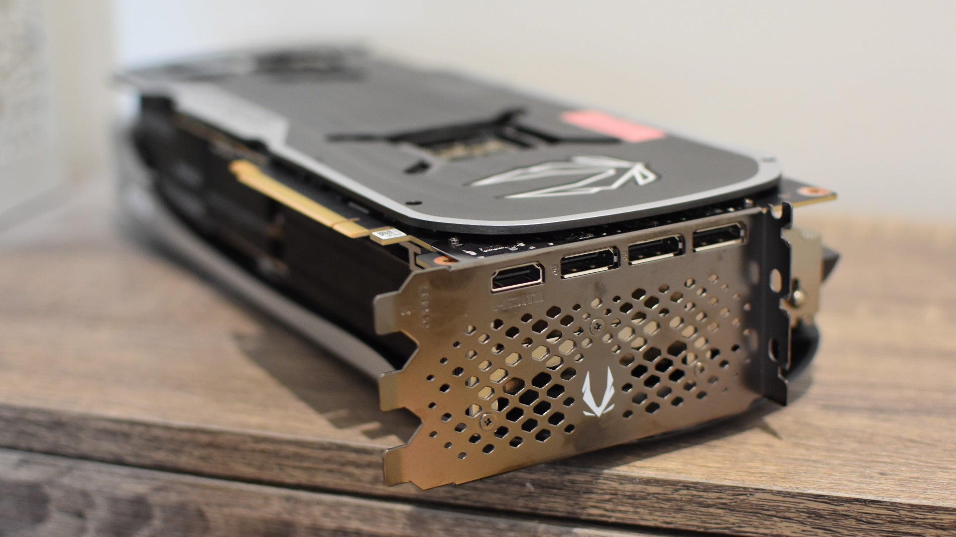 A closeup of the display outputs on a Zotac Gaming GeForce RTX 4090 Amp Extreme Airo graphics card.