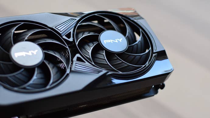 A closeup of a cooling fan on the PNY GeForce RTX 5070 OC.