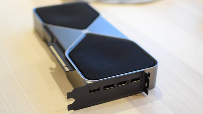 A view of the Nvidia GeForce RTX 5080 Founders Edition’s rear ports.