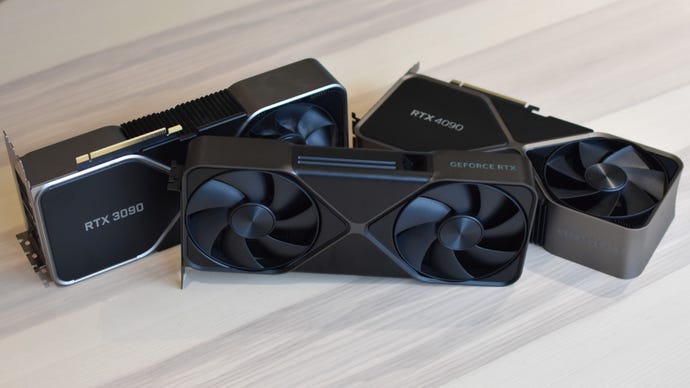 The Nvidia GeForce RTX 5090 Founders Edition next to Founders Editions of the RTX 4090 and RTX 3090.