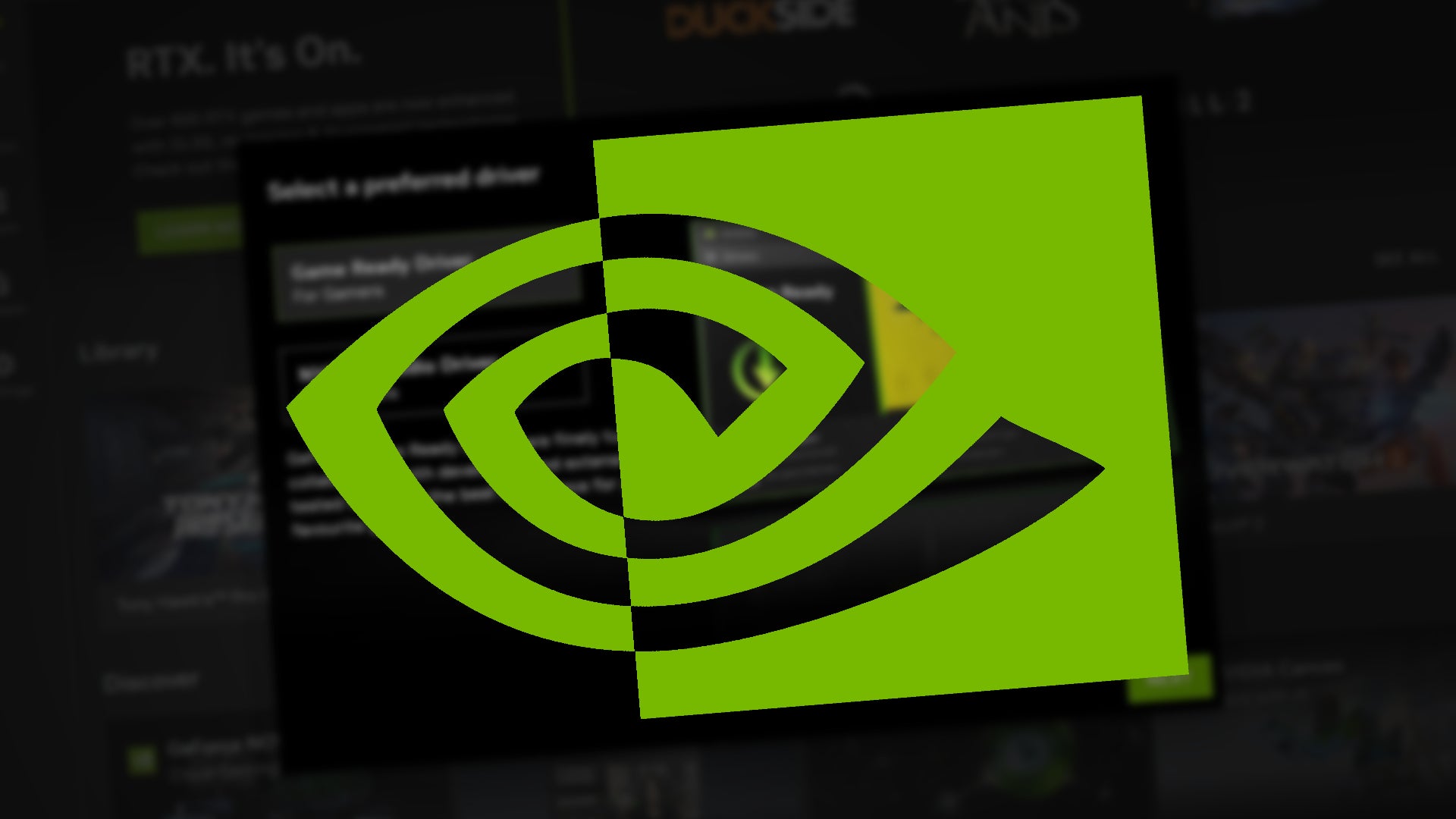 Nvidia logo over the top of a slightly blurred screenshot of the new app - 1