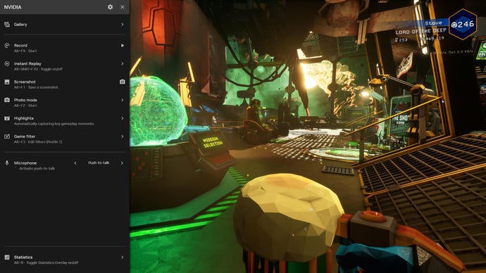 Hamparan Aplikasi Nvidia berjalan di Deep Rock Galactic.