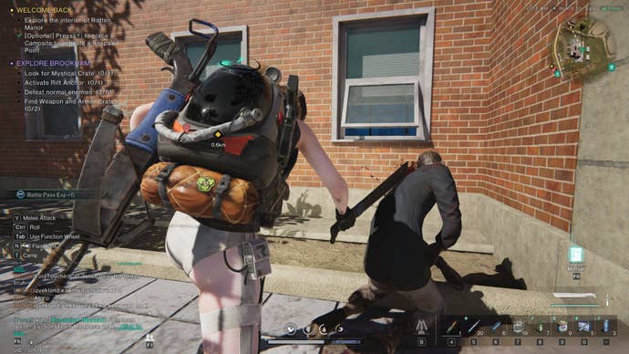 A screenshot from Once Human. The main character, with a glass backpack and weapons on her back, has crept up behind an enemy and impaled a machete in its back.