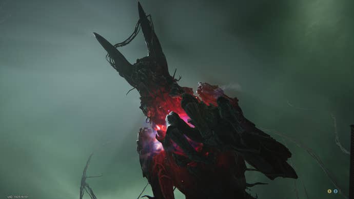 A screenshot from Once Human. The “Treant” boss – which looks a little like a bunny made out of tree bark – is leering at the screen. A pinky-purple glow emanates from its chest.