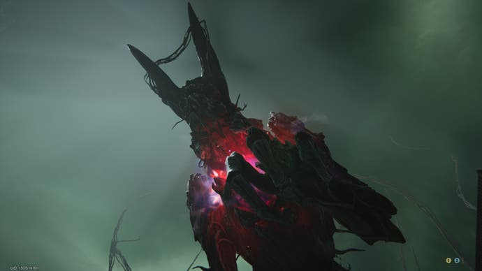 A screenshot from Once Human. The "Treant" boss – which looks a little like a bunny made out of tree bark – is leering at the screen. A pinky-purple glow emanates from its chest.