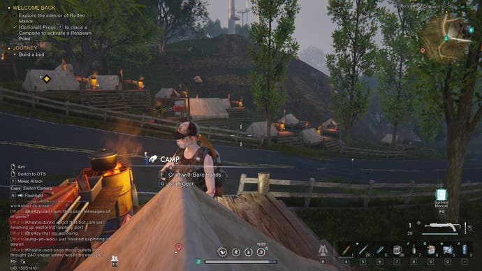A screenshot from Once Human. The main character stands on her temporary camp, surrounded by DOZENS of other temporary camps from other players. It's pretty silly.