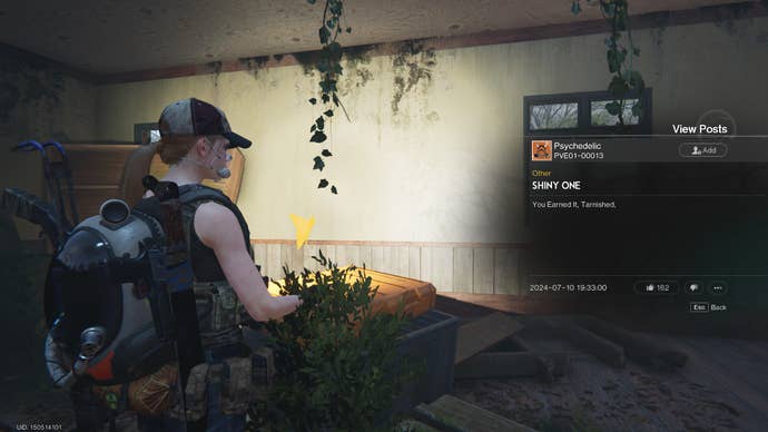 A screenshot from Once Human. The main character is reading a “whisper” message left by another player. It reads: “You earned it, Tarnished”.