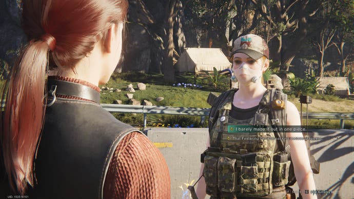 A screenshot from Once Human. The main character is in dialogue with an NPC. There are two dialogue options: "I barely made it out in one piece", and "that Festering Gel was packing serious firepower".