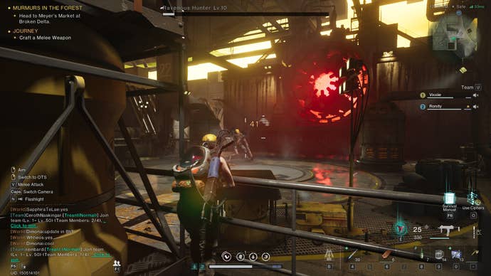 A screenshot from Once Human. The main character has whittled down the gigantic health bar of a colossal boss enemy in the background. A huge red fan or jet is turning at the back of the room.