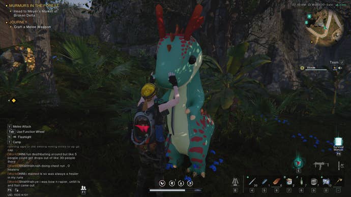 A screenshot from Once Human. The main character is hugging a Deviation, this one a giant, friendly dinosaur figure. I haven’t managed to find one of these myself, sadly, but I think it helps keep your base clean.