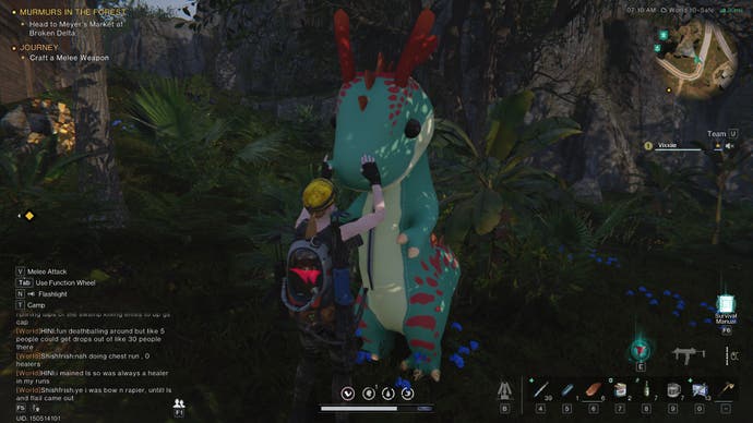 A screenshot from Once Human. The main character is hugging a Deviation, this one a giant, friendly dinosaur figure. I haven't managed to find one of these myself, sadly, but I think it helps keep your base clean.