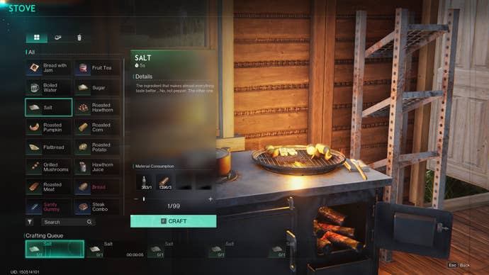A screenshot from Once Human. On the left is the list of recipes you can craft, which dishes such as grilled mushrooms, hawthorn juice, and roasted pumpkin. The menu is open on “salt” and the stove in the background glows cosily.