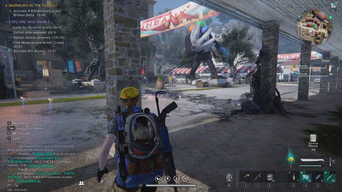 A screenshot from Once Human. The main character is fighting a giant gorilla but instead of a head, it boasts a bunch of balloons, instead.