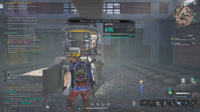 A screenshot from Once Human. The main character is protecting… a machine of some description. It’s 5/6ths still durable, and sits at 61% complete. There are no enemies on screen at this time, but the (very busy) HUD suggests there’s at least one more wave to go.