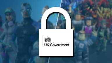 A white lock, with the UK Government logo, on top of a blue, blurred background of Fortnite and Roblox characters.