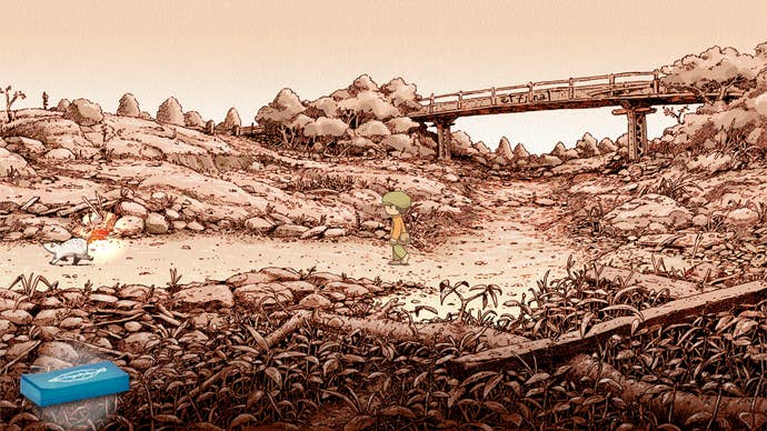 A young boy walks down a dried up riverbed in OU