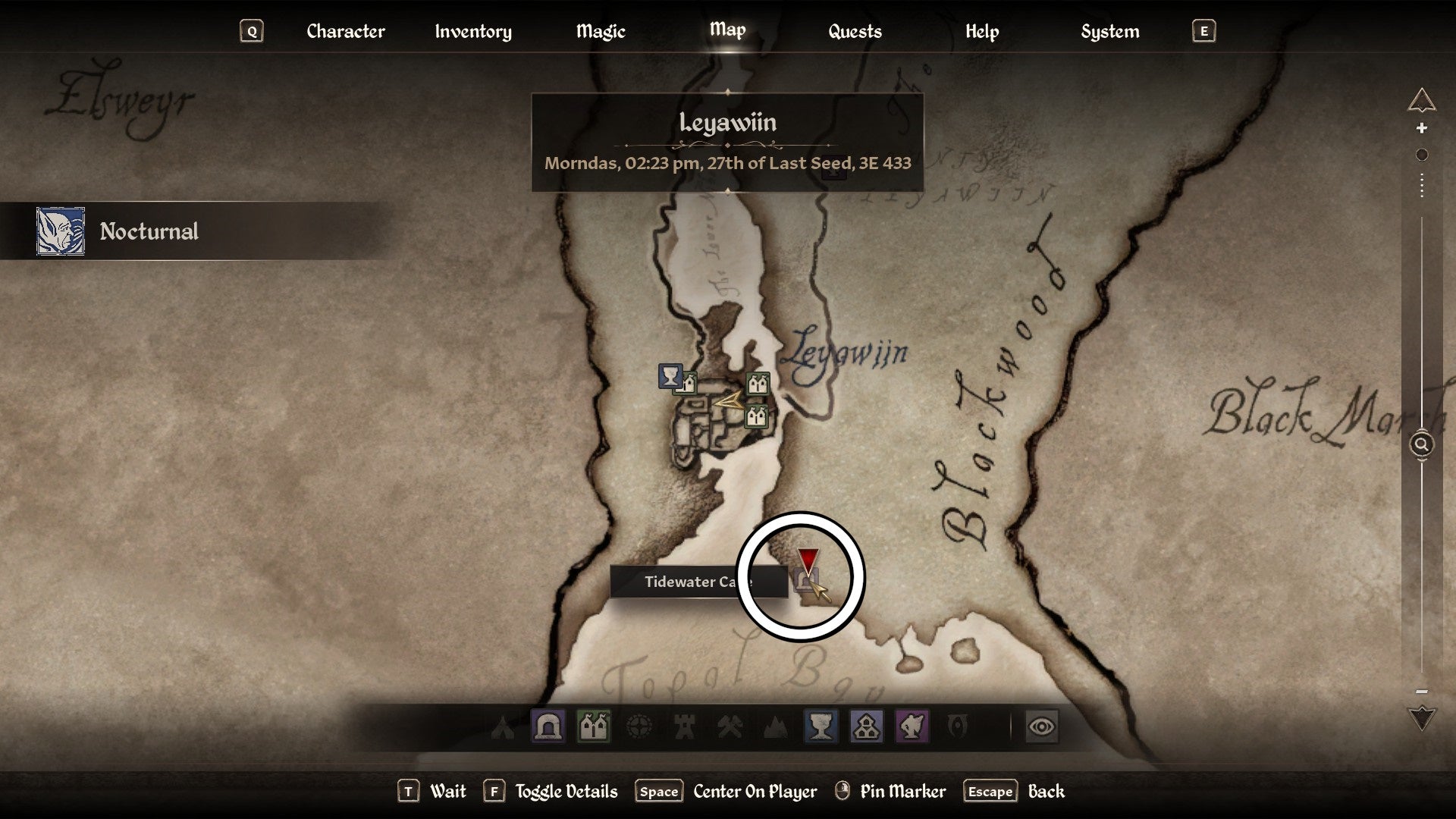 Circle showing the location of Tidewater Cave in Oblivion Remastered.
