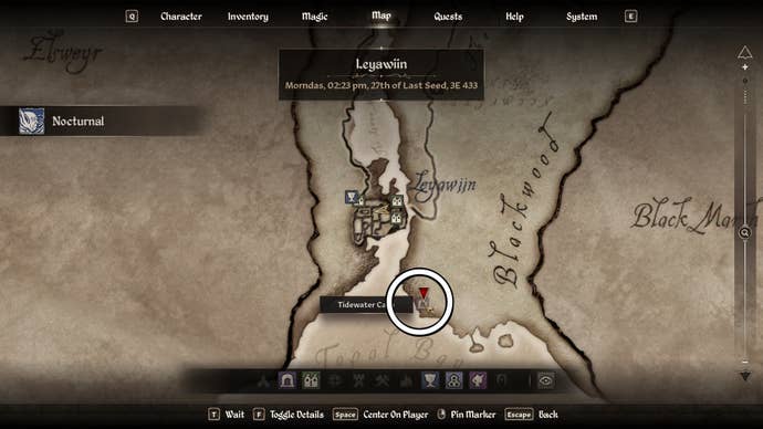 Circle showing the location of Tidewater Cave in Oblivion Remastered.