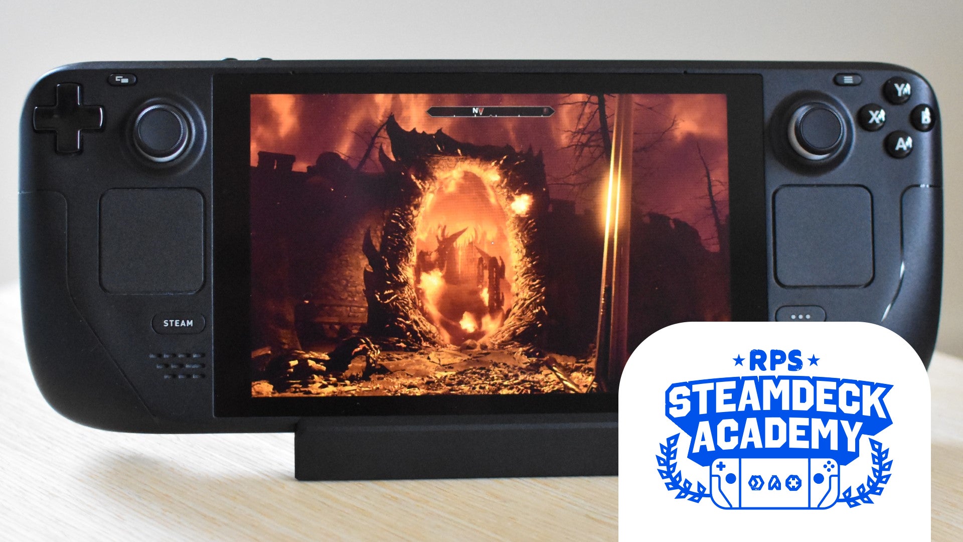 The Elder Scrolls IV: Oblivion Remastered running on a Steam Deck. The RPS Steam Deck Academy logo is added in the bottom-right corner. - 1