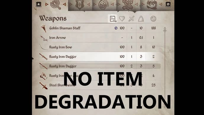 Inventory menu in Oblivion Remastered with the text ‘No item Degredation’ over it.