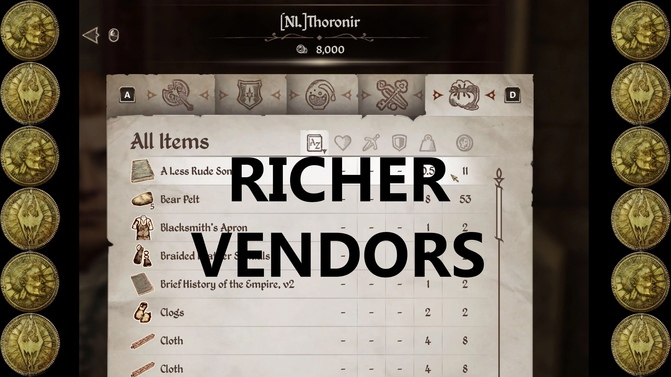 Inventory menu in Oblivion Remastered with the text &lsquo;Richer Vendors&rsquo; over it.