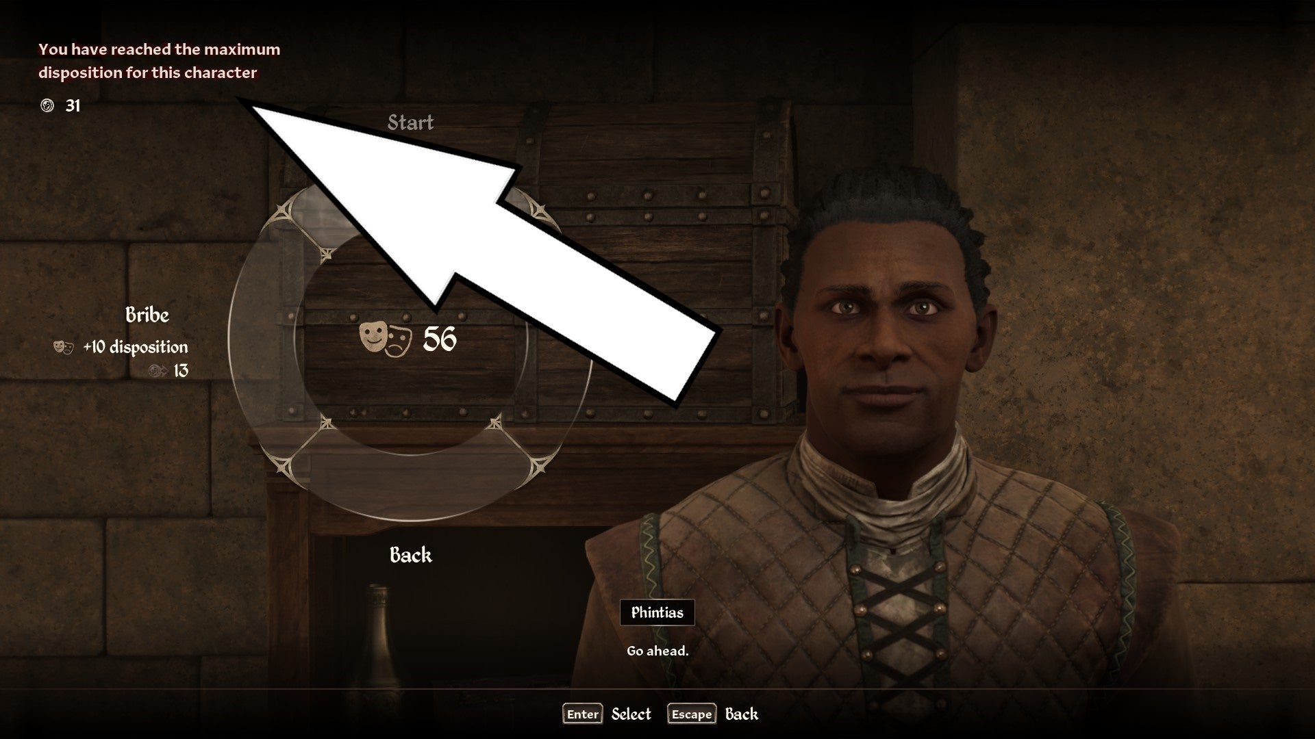 Arrow pointing to a persuasion message saying you have reached the maximum disposition for this character in Oblivion Remastered.