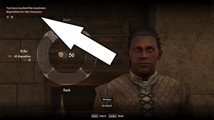Arrow pointing to a persuasion message saying you have reached the maximum disposition for this character in Oblivion Remastered.