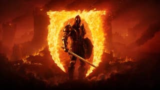 Oblivion Remastered official art showing an armor-clad warrior holding a sword and shield in front of an Oblivion Gate.